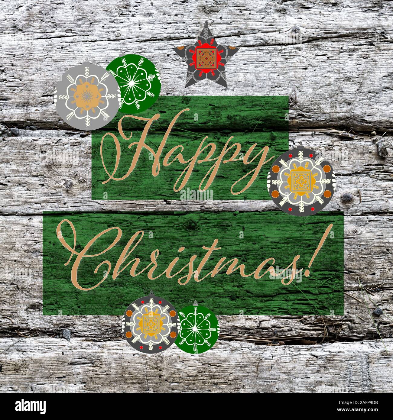 Illustrated holiday ornaments with traditional decorations superimposed on old barn wood wide planks with beautiful patina for bright and cheery happy Stock Photo