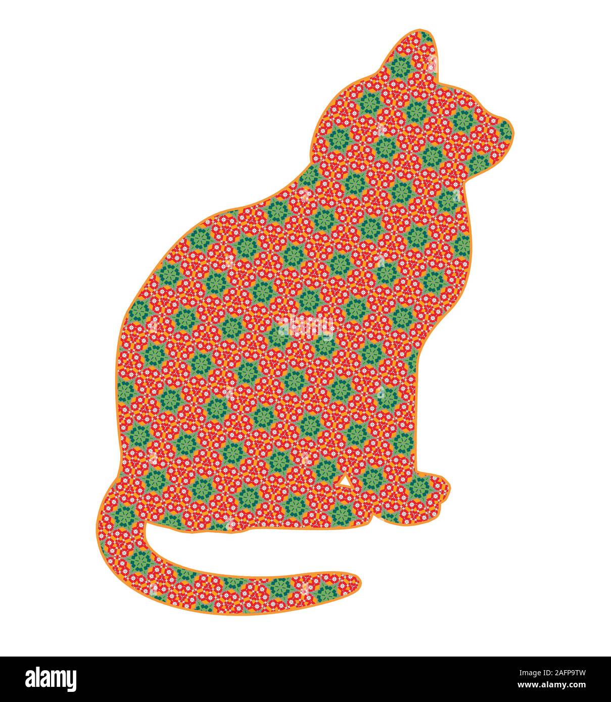 Green and red fun patterned Christmas cat for the holiday season, a quirky artistic graphic design resource cutout isolated on white Stock Photo