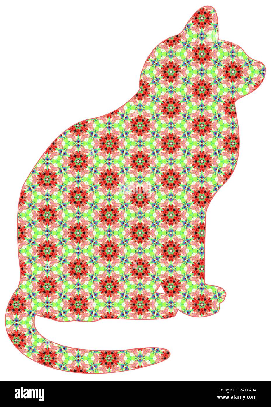 Red and green patterned Christmas cat for the holiday season, a quirky and fun artistic graphic design resource cut out isolated on white Stock Photo