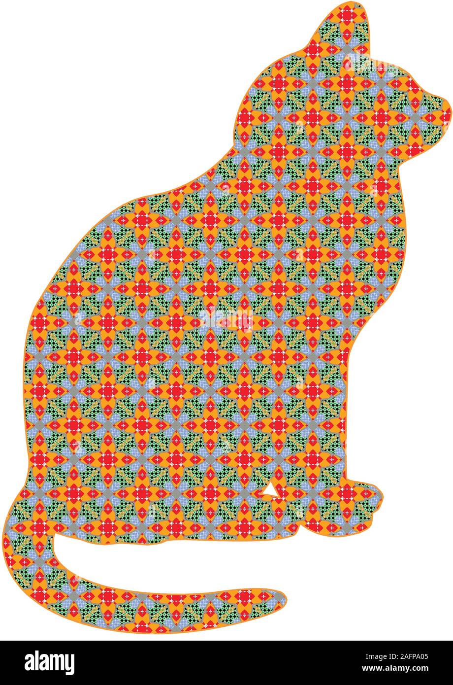 Charming red and green patterned Christmas cat for the holiday season, a quirky and fun artistic graphic design resource cut out isolated on white Stock Photo