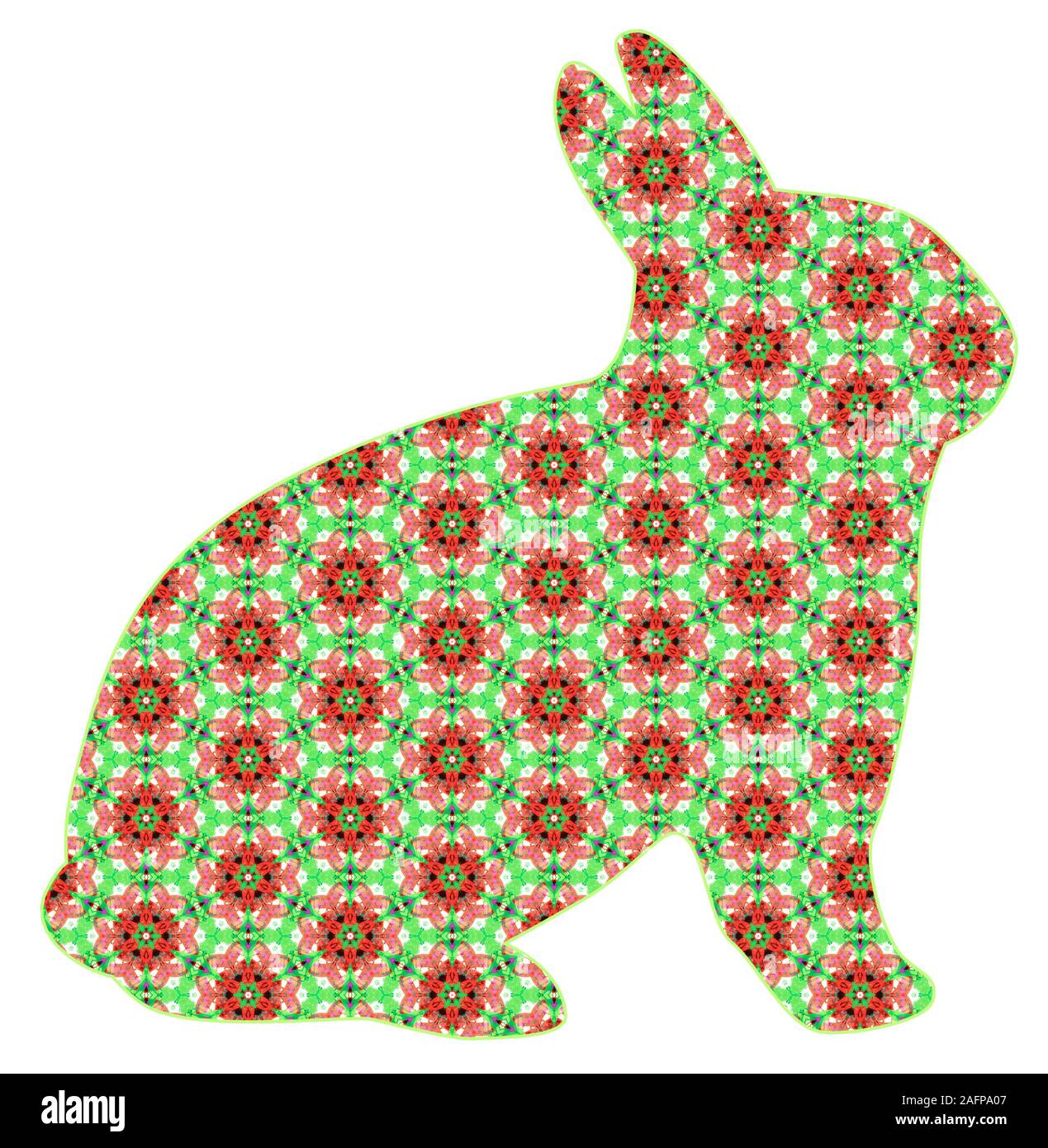 Cute gold red and green patterned Christmas bunny rabbit for the holiday season cut out isolated on white essential graphic element design resource Stock Photo