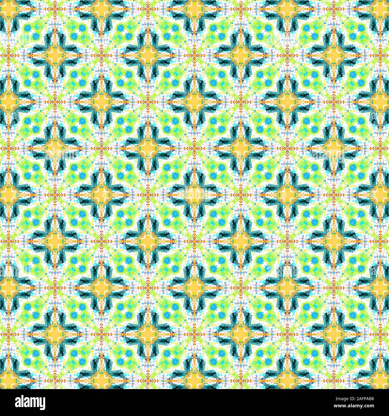 Kaleidoscopic seamless yellow crosses green and aqua blue design Stock Photo
