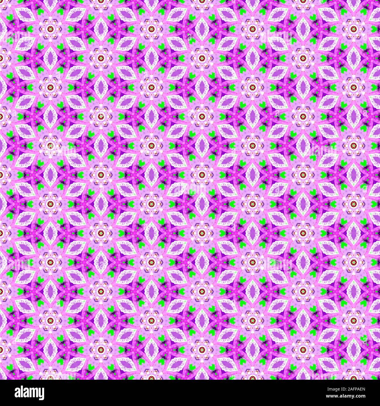 Pretty pink kaleidoscope seamless pattern with hints of purple, mauve and green reminiscent of spring flowers but also lovely for Christmas or birthda Stock Photo