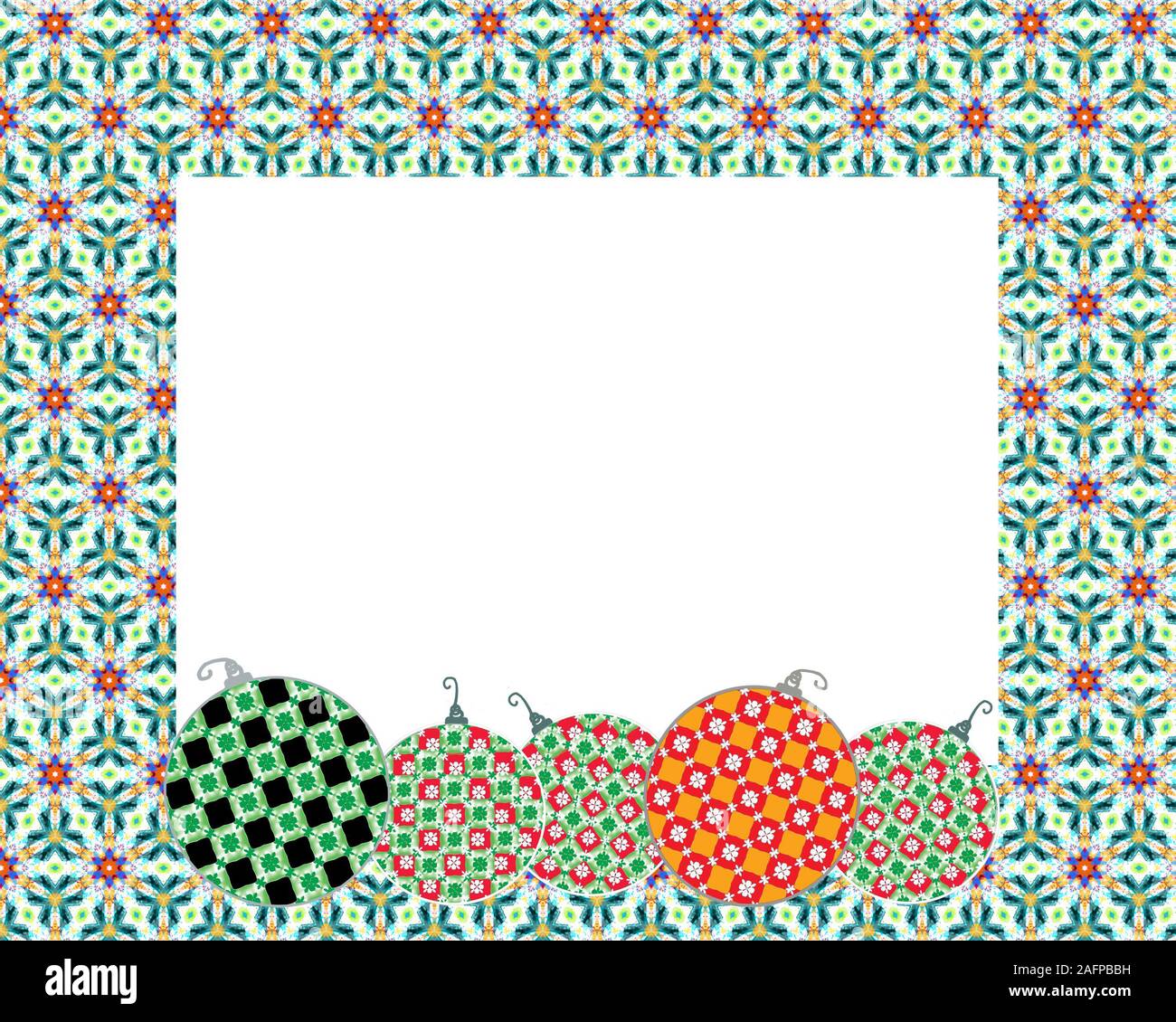 Festive Christmas frame with colorful pattern and decorated ornaments, graphic element template blank for holiday background or greeting card design Stock Photo