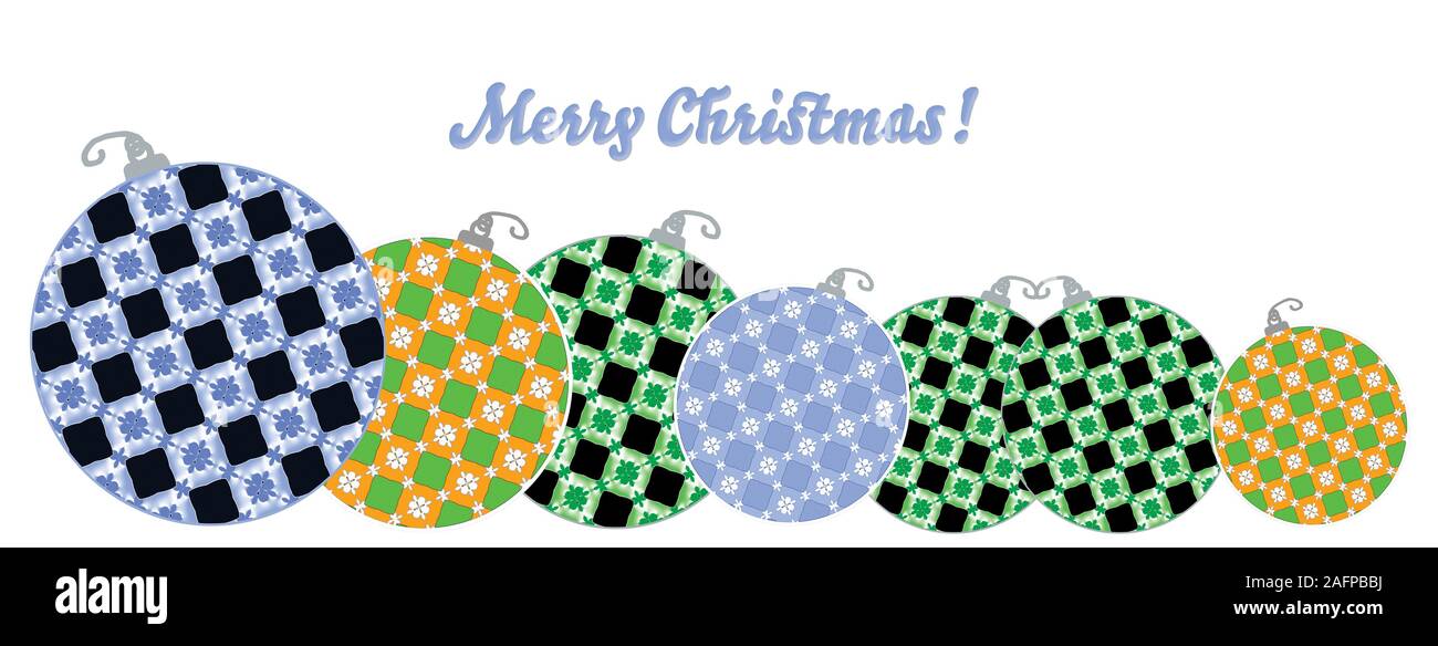 Mobile ready blue, green and gold ornaments cover banner design works on both mobile and laptop screens isolated on white with Merry Christmas message Stock Photo