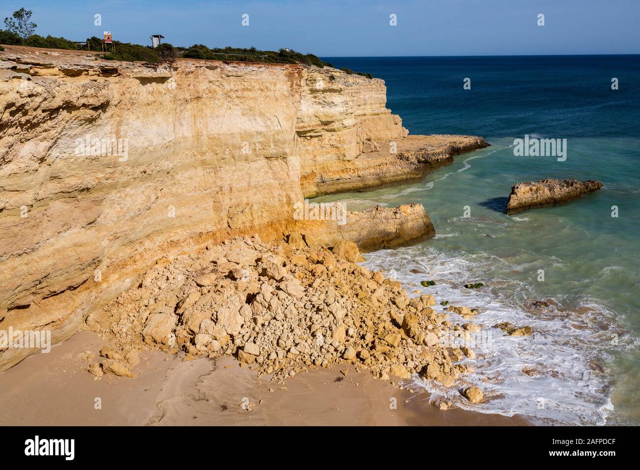 Cliff collapse onto beach, Algarve, Portugal Stock Photo