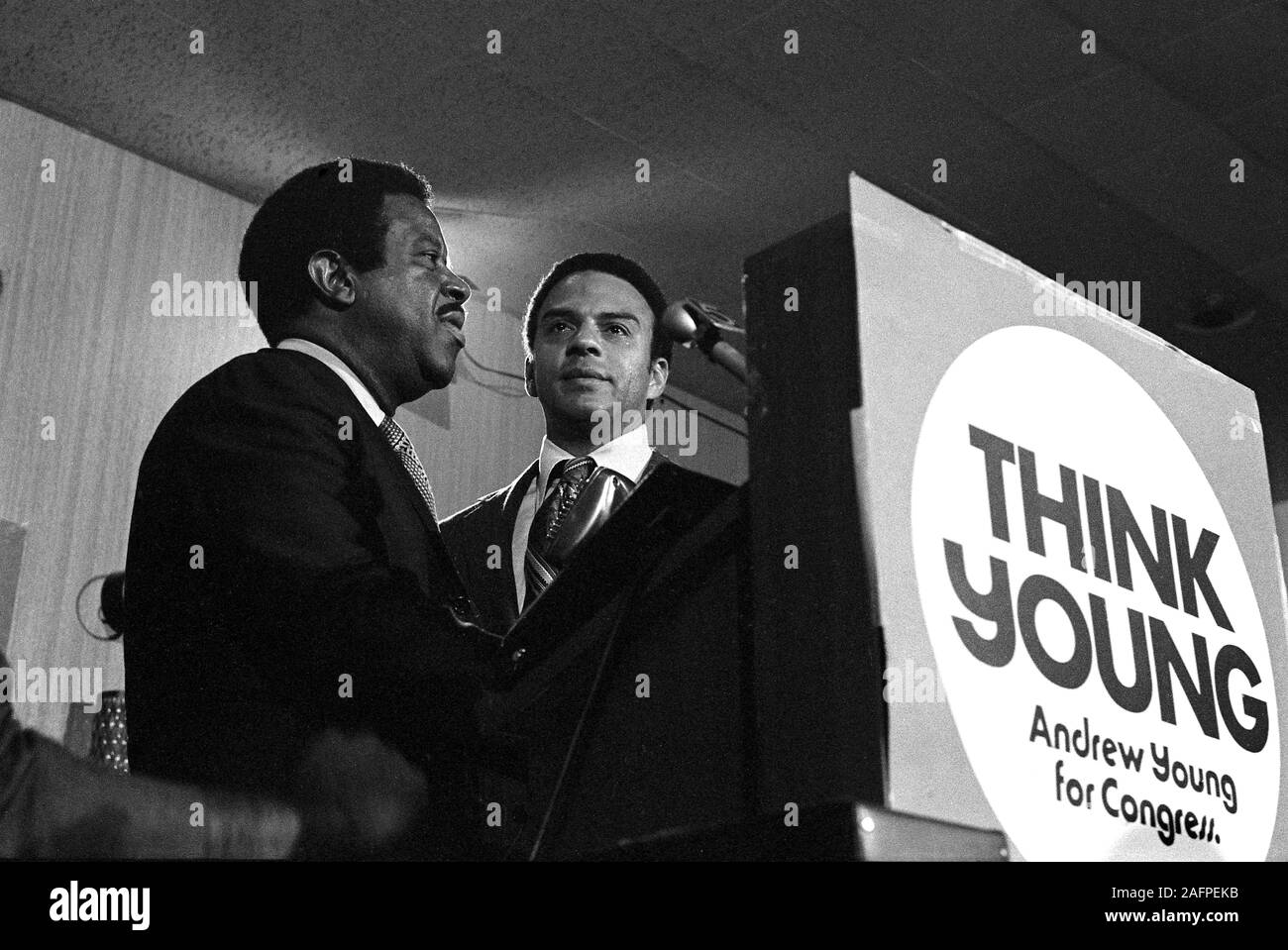 Andrew Young sheds a tear as he concedes defeat in his first run for the Georgia 5th District Congressional race on election night 1970. Young's longtime friend and fellow lieutenant to Martin Luther King, Jr. - Ralph David Abernathy stands at Young's side. - To license this image, click on the shopping cart below - Stock Photo
