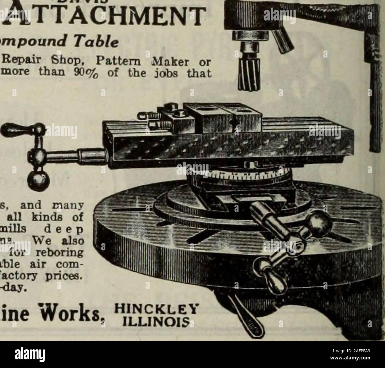 . Canadian machinery and metalworking (January-June 1919). Milling Attachment and Compound Table For the Die Maker, Repair Shop, Pattern Maker ori,arage; will perform more than 90% of the jobs thatcome up. For any Drill Press14 to 42 swing.Big Economy — BigConvenience— SmallPrice. It relievesyour large millers,comes in handye p o tting castings,milling ends of bosses, and manyorher odd jobs. Cuts all kinds ofkeyseats perfectly; mills deepgrooves, slots and cams. We alsomake cylinder reamers for reboringFord car, and a reliable air com-pressor—all at special factory prices.Write for circulars t Stock Photo