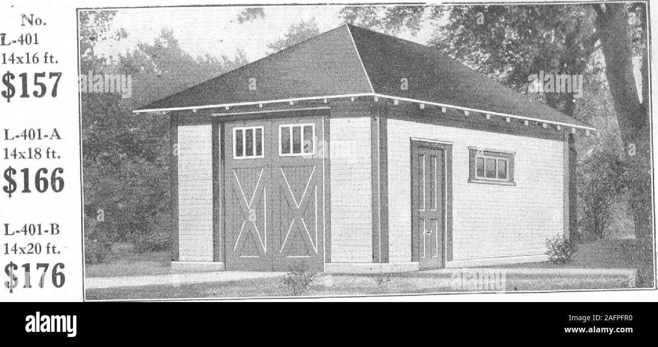 . A plan book of Harris homes. cars to go in and outconveniently. All material, except siding and roof sheath-ing, furnished Cut-to-Fit ready to nail together. Largedoors; wall plates are 4x6; studs 2x4; rafters 2x4 with the necessarycollar beams to support them; tongued and grooved roof sheathing;10-year guaranteed prepared roofing. Novelty or Drop Siding,having the appearance of regular house siding when finished. The main doors are 6 ft. by 8 ft. each, making a totalopening of 12 ft. wide by 8 ft. high, admitting the largest touring carwith top up or limousine body and permitting one machin Stock Photo