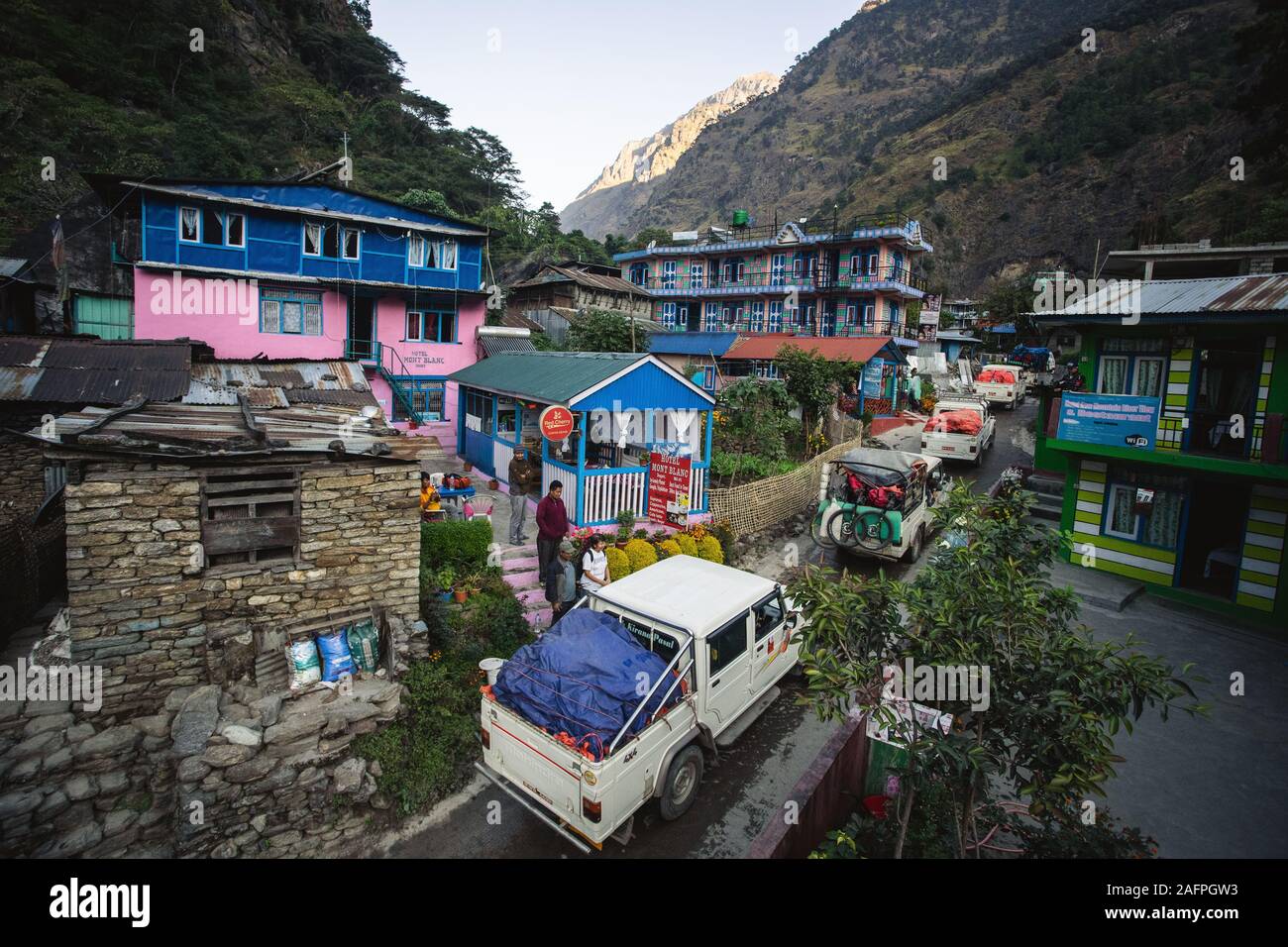 Caravan Heading up Mountain Roads in Nepal Stock Photo
