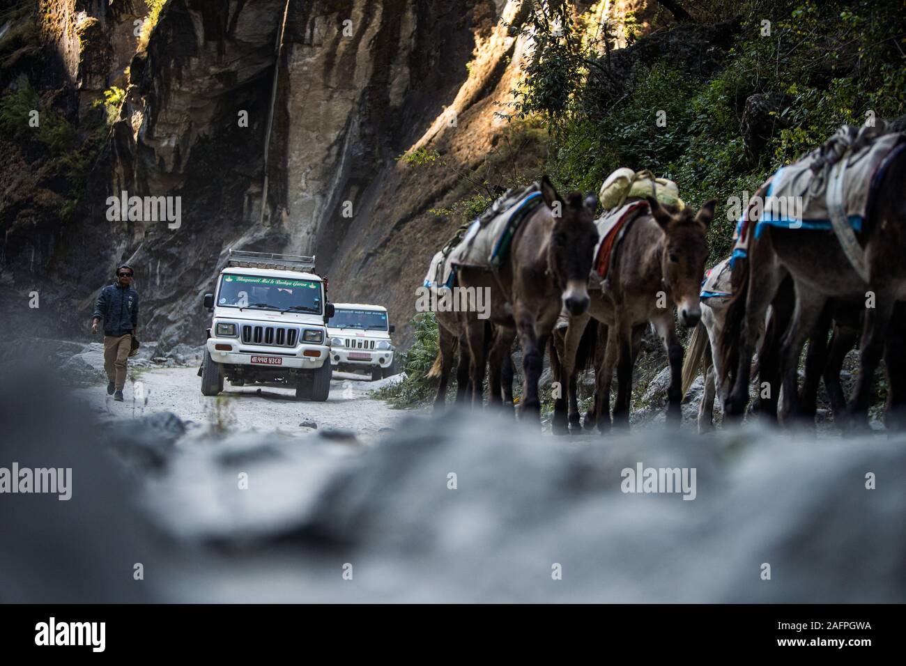 Traffic Jam on Nepal Mountain Road Stock Photo