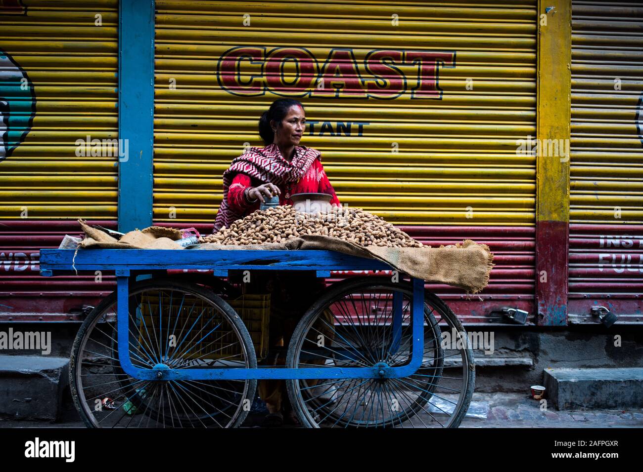 Selling Peanuts in Kathmandu Streets Stock Photo