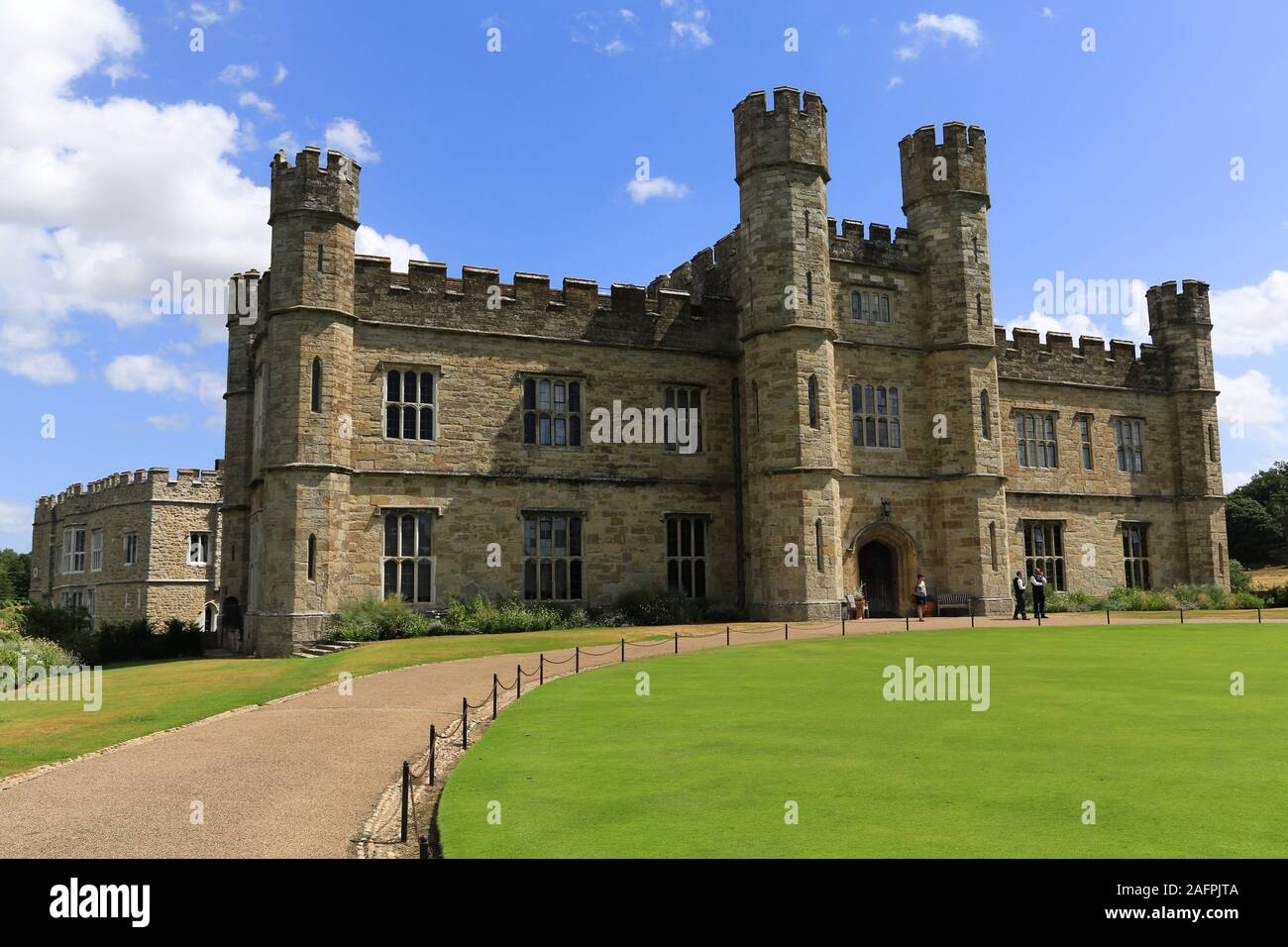 Leeds Castle,exterior view across lawn and entrance pathway near Broomfield, Maidstone, United Kingdom. Stock Photo