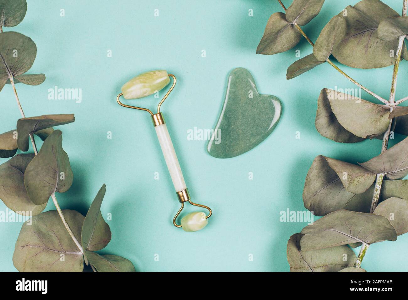 Facial massage kit. Face roller and gua sha massager made from natural