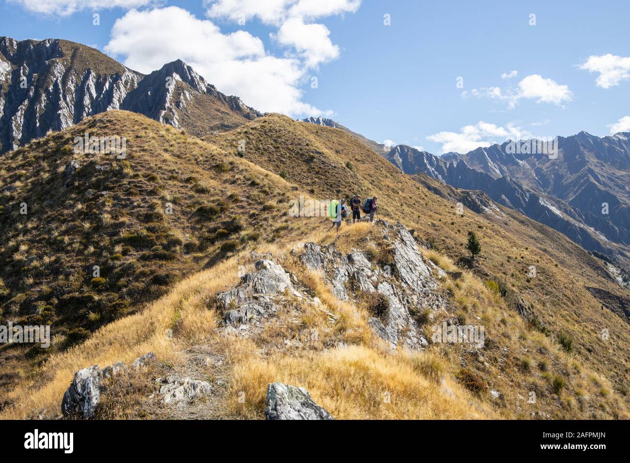 Friends hiking in the New Zealand landscape Stock Photo