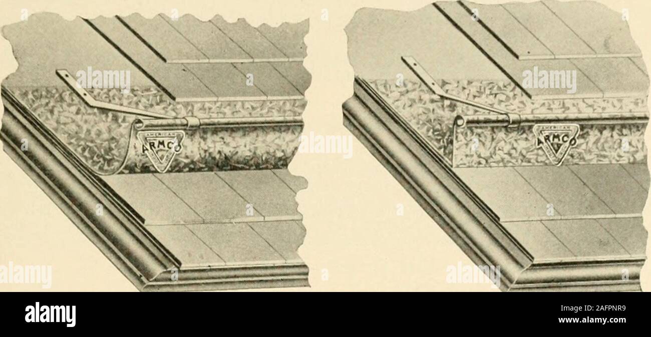. 'Armco' iron rust-resisting products.. ROOF GUTTERS MADE OF 28 TO 24 GAUGE GALVANIZED IRON IN 10 FOOT LENGTHS The nails used in fastening are not exposed. No wooden supportsneeded. In ordering always specify exact pitch of roof. Style A in position. Style B in position.. Stock Photo