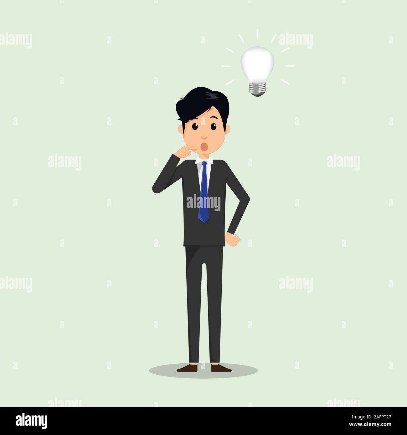 Business man thinking with idea in think vector illustration. Business man and bulb in bubble think. Vector illustrator. Stock Vector