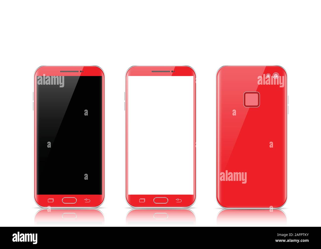 Modern red touchscreen cellphone tablet smartphone isolated on light background. Phone front and back side isolated. Vector illustration. Stock Vector