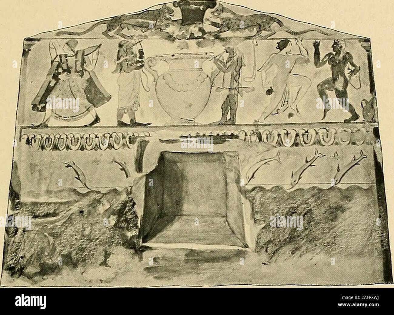 . Etruscan tomb paintings, Their subjects and significance. ait. VI Contemporary with the group of the Tomba degli Auguriand the Tomba delle Iscrizioni is the Tomba del Barone,discovered at Corneto in 1827 ^^^ named, as already men-tioned, after Baron Kestner. After the paintings of this tombStackelberg executed a fine water-colour, and Thiirmer anumber of drawings, now in the University of Strasburg.The style—both in the shape of the heads and in the treatmentof the draperies—is still Ionic, but the proportions are moreslender, probably owing to Chian or Attic influence. Composition and techn Stock Photo