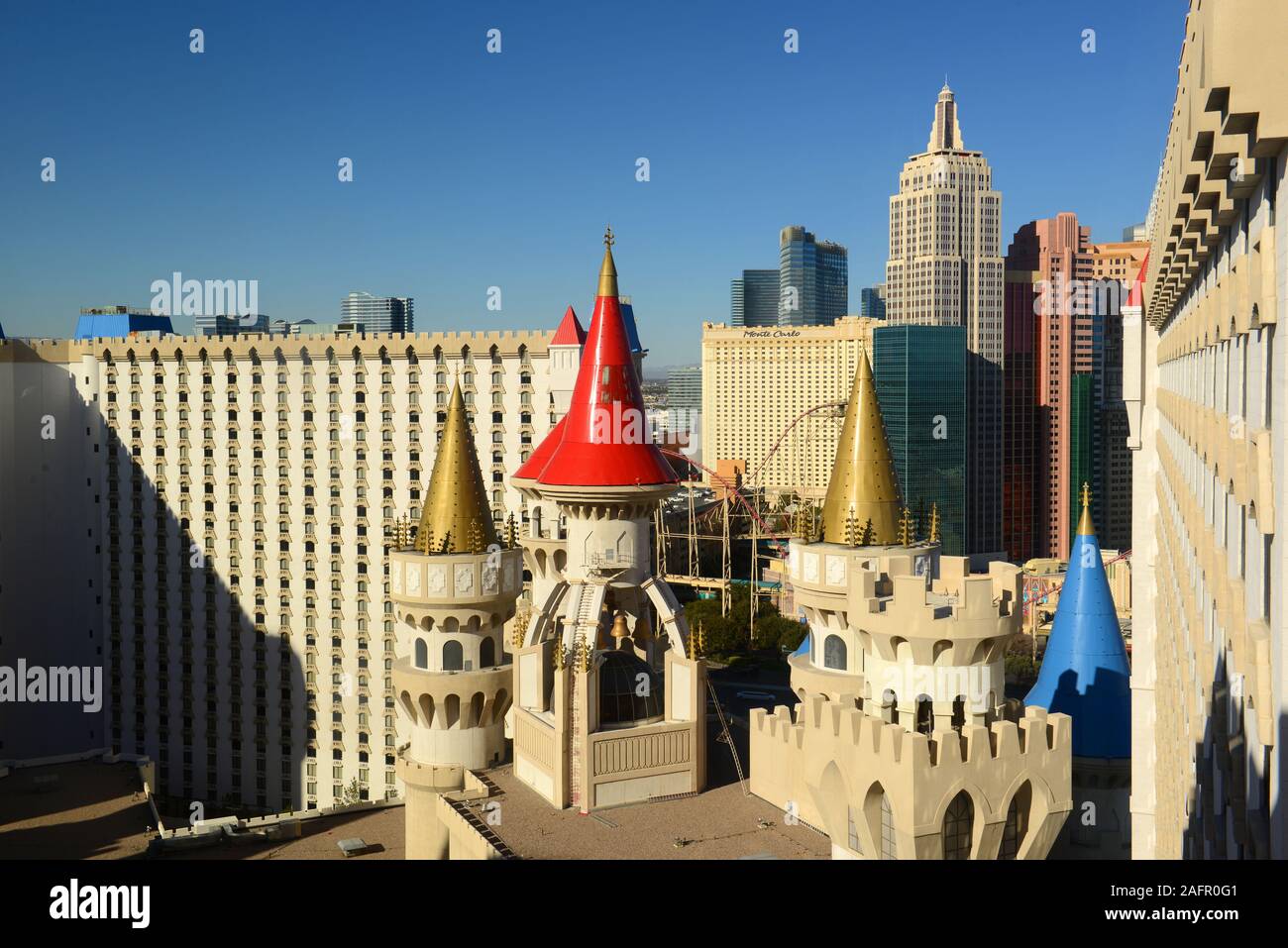 Excalibur Hotel and Casino on Las Vegas Strip in Las Vegas, Nevada, USA. The Medieval theme of the hotel is named after King Arthur. Stock Photo