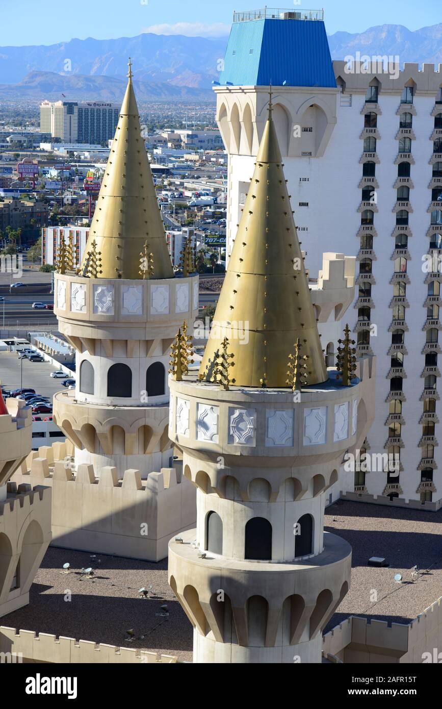 Excalibur Hotel and Casino on Las Vegas Strip in Las Vegas, Nevada, USA. The Medieval theme of the hotel is named after King Arthur. Stock Photo