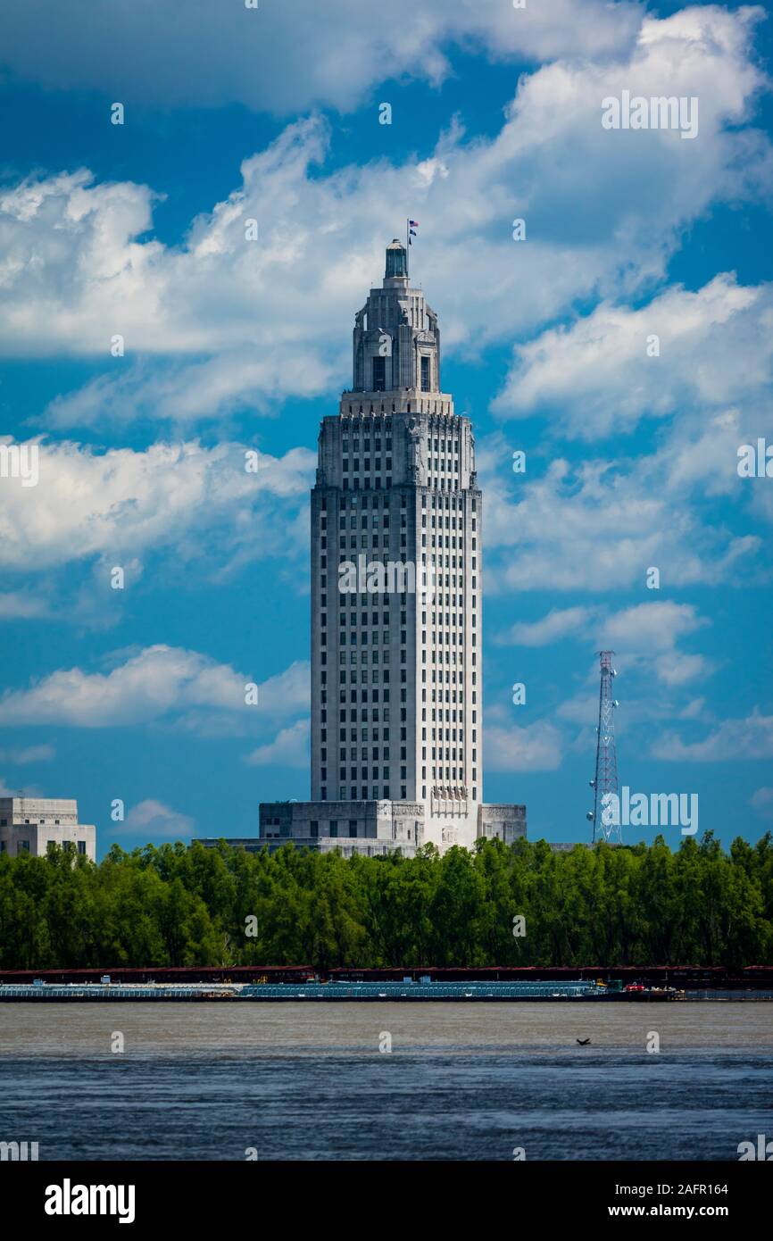 4/29, 2019, BATON ROUGE, LA, USA -  Baton Rouge, Louisiana Skyline and State Capitol on Mississippi River Stock Photo