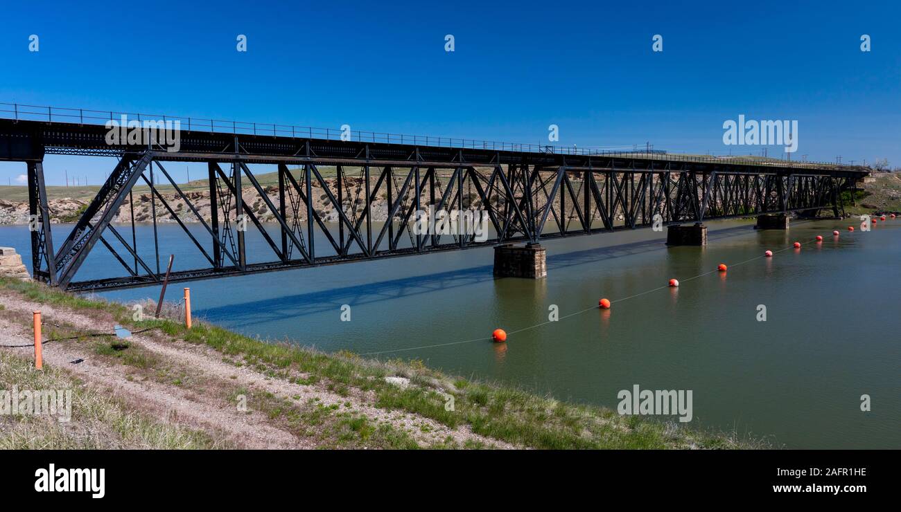 MAY 23 2019, GREAT FALLS AREA, MONTANA, USA - Old Railroad bridge across Missouri River near Great Falls, Montana Stock Photo