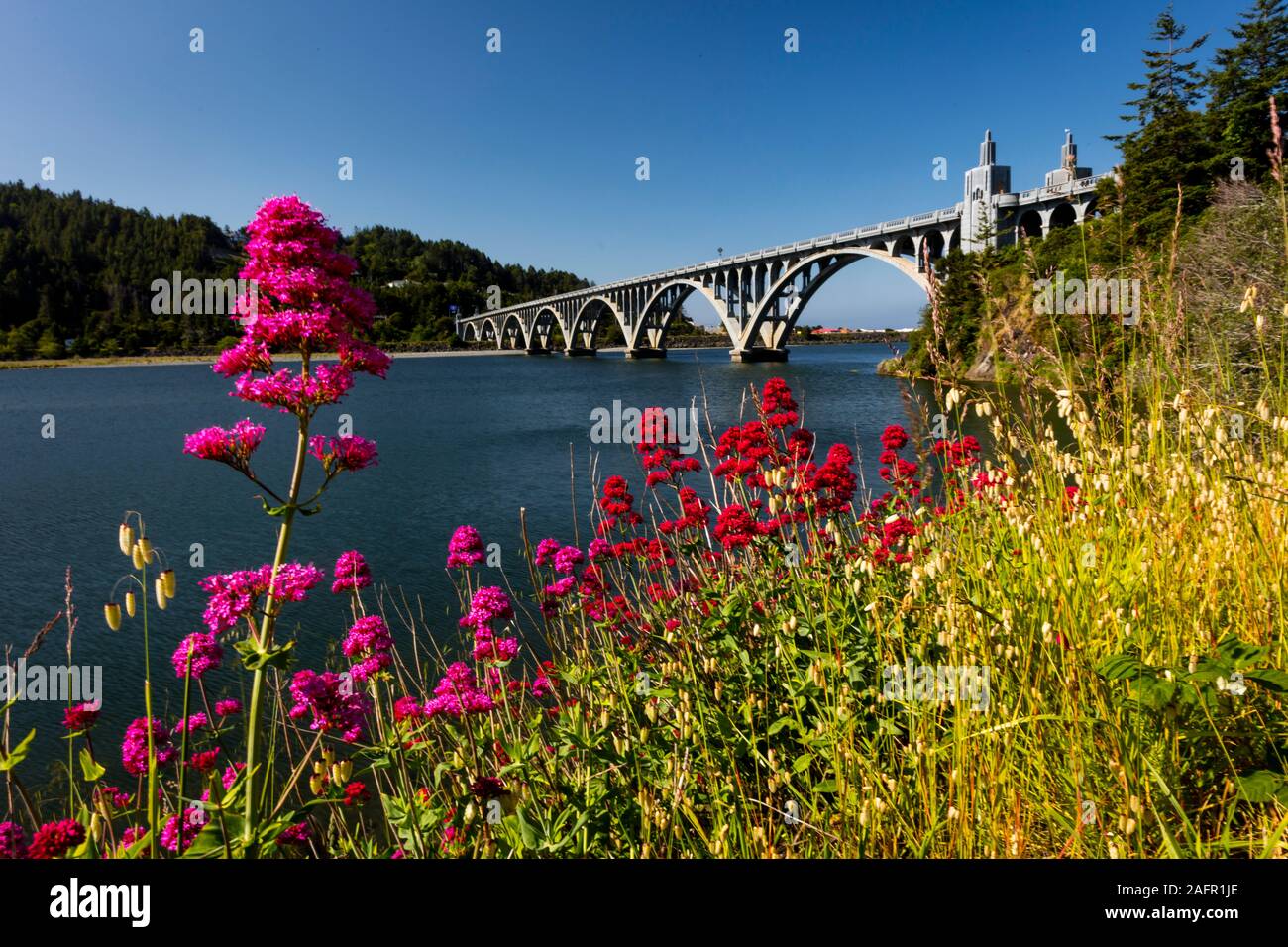 MAY 31, GOLD BEACH, OR, USA - Isaac Lee Patterson Bridge, also known as the Rogue River Bridge Gold Beach, Oregon Stock Photo