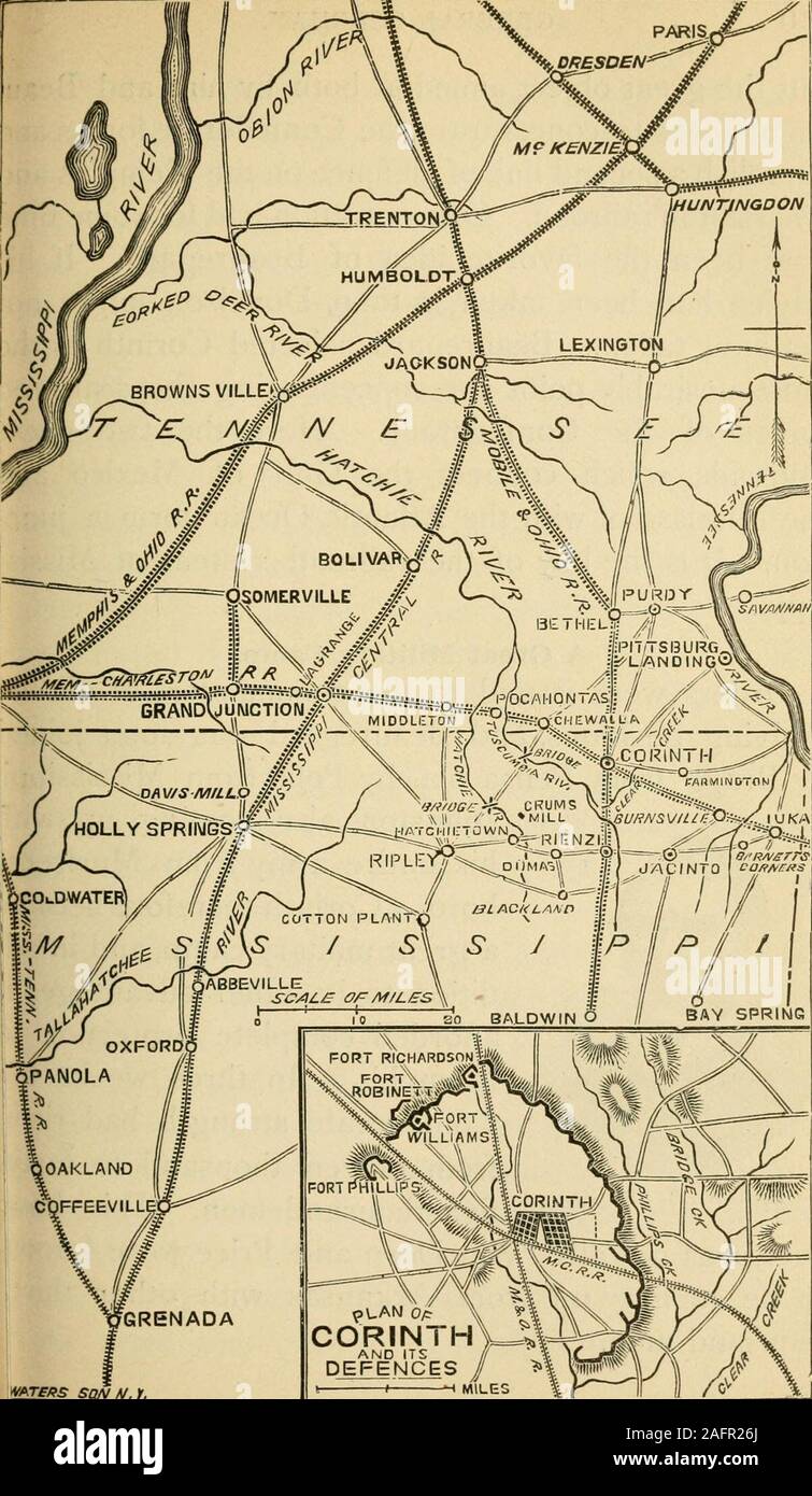 . Life and deeds of General Sherman, including the story of his great march to the sea ... %^ IVxv^li^Y^^^^^^ ^ GENERAL SHERIDAN. •VATePS SDA/A/.t. MAP S}«)WH&gt;IG PITTSBURG LANDING AND CORINTH.14 209 210 GENERAL SHERMAN. but the great object aimed at both by him and Beau-iregard was to concentrate the Confederate forces andestablish a second Hne of defence on the Memphis andCharleston railroad. Concentration had for some timepast been the favorite idea of Beauregard. If hisadvice had been taken in time, Donelson might notyet have fallen. Beauregard selected Corinth as theimost desirable poin Stock Photo