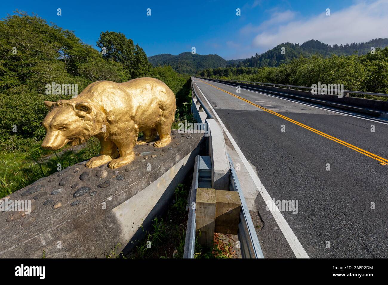 MAY 31, 2019, California, USA - Route 101, N California Golden Bear Statue on bridget cross Klamath River Stock Photo