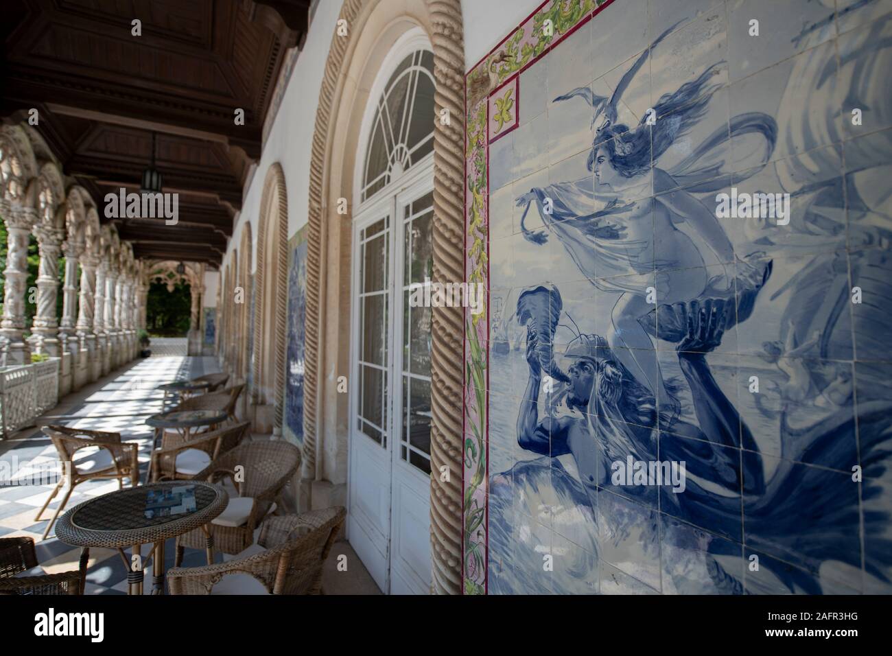 Azulejo tiles depicting Triton, Dione and the Portuguese fleet, verandah of Buçaco Palace Hotel, Luso, Mealhada, Portugal, Europe Stock Photo