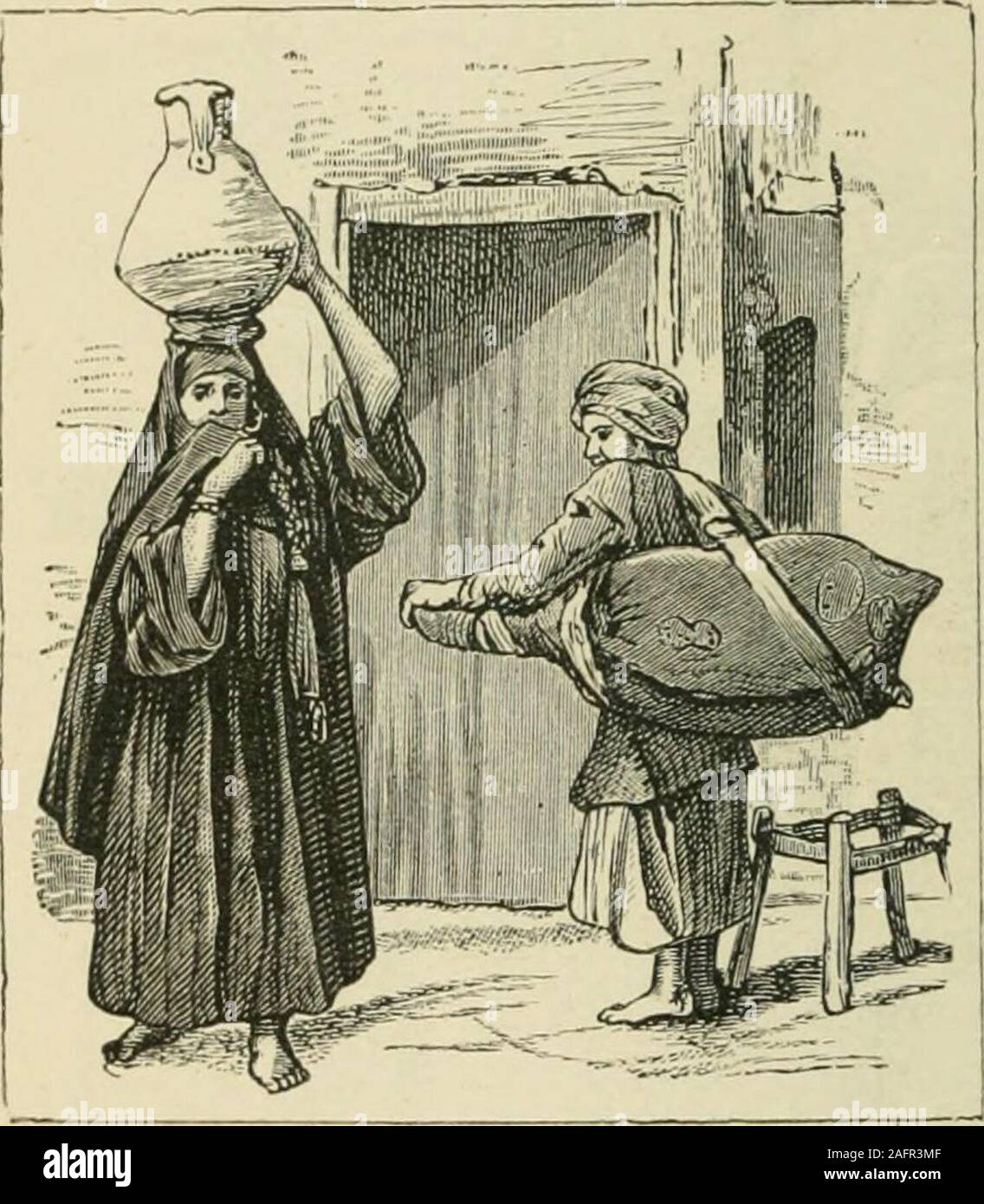 . The world's inhabitants; or, Mankind, animals, and plants; being a popular account of the races and nations of mankind, past and present, and the animals and plants inhabiting the great continents and principal islands. e head covering is a red fez,round which those who can aftbrdit wind a turban. The peasantwomen wear a still shorter gown of similar material, with cotton drawersor trousers, and a head-veil. The food of the peasantry consists of millet or maize bread, milkand cheese, small salt fish, cucumbers and gourds, onions, lentils, beansand other pulse, and dates. They seldom taste fl Stock Photo