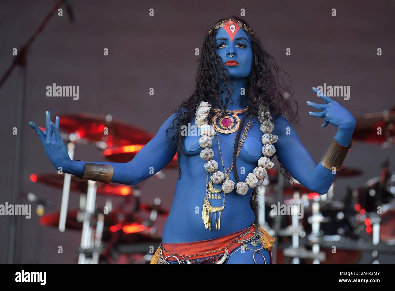 Rio de Janeiro, Brazil, October 4, 2019. Actress and dancer Alinne Madelon representing Goddess Kali during the Torture Squad concert at Rock in Rio i Stock Photo