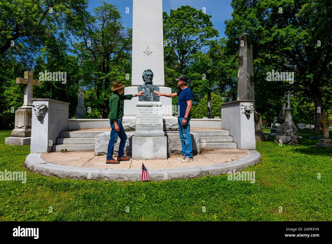MAY 16 2019, USA - Lewis and Clark Expedition - Bill Terry and Joe Sohm approach burial spot of William Clark of Lewis and Clark Expedition in Bellefontaine Cemetery, St. Louis, Mo Stock Photo