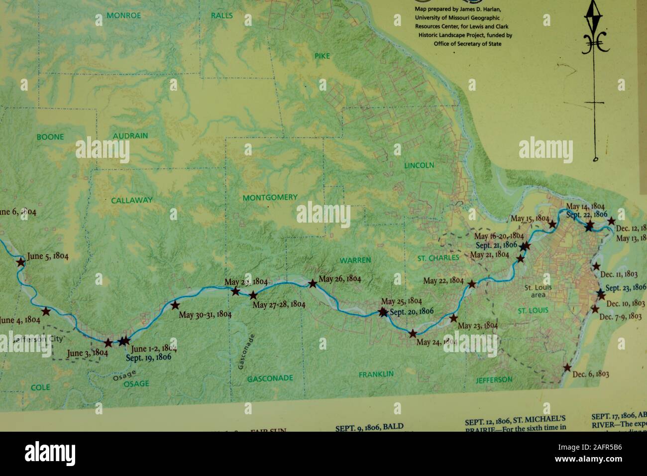MAY 17 GASCONADE COUNTY, MO. USA 2019, Overview map of the Lewis and Clark Expedition - May 14, 1804 - September 23, 1806 - Gasconade County outside of Jefferson City, MO. Stock Photo