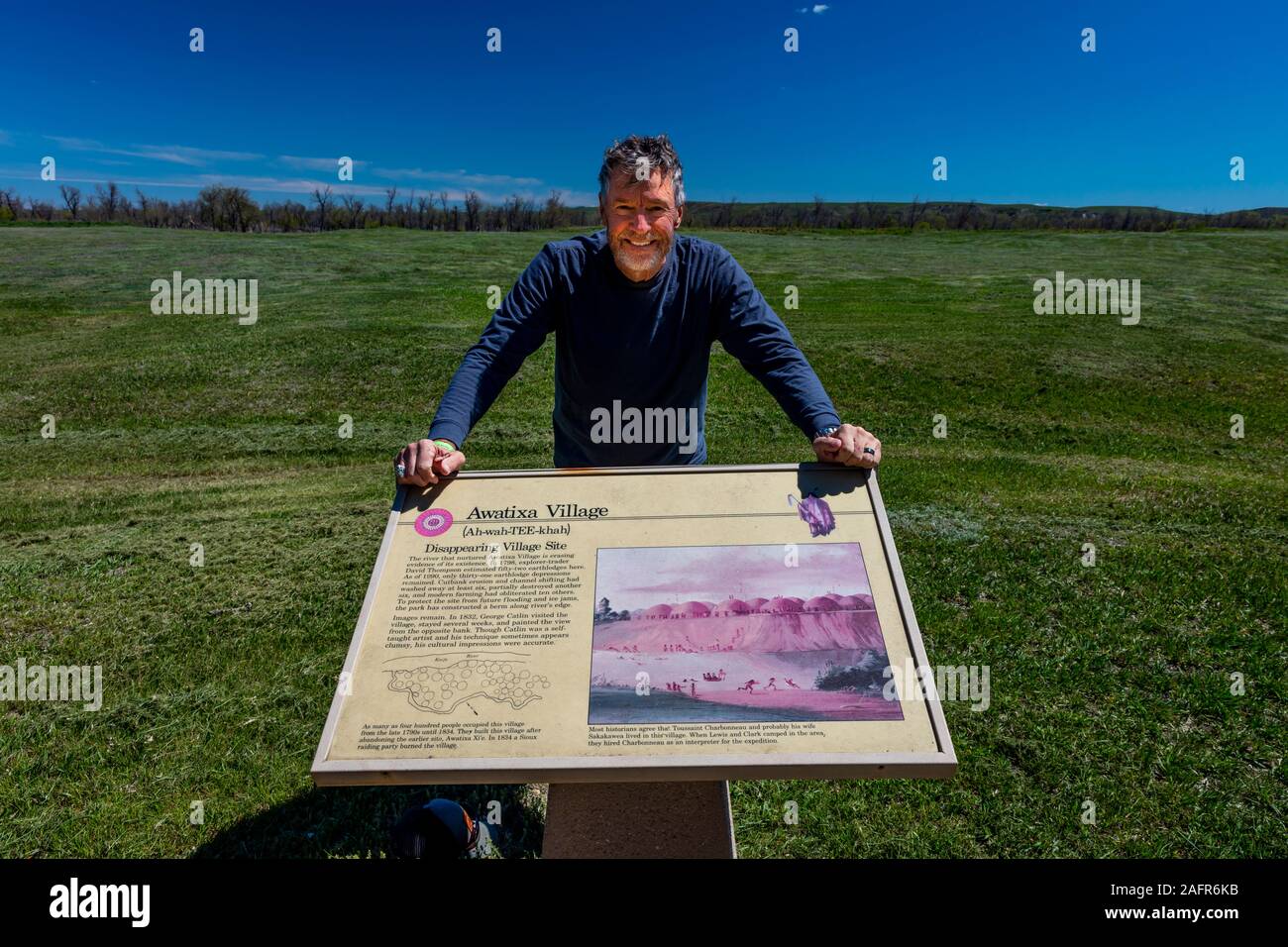 MAY 20, FORT MANDAN, NORTH DAKOTA, USA - Bill Terry at AWATIXA village site at Knife River Indian Village, the site where Sacagawea meets Lewis and Clark for their 1804-1806 expedition Stock Photo