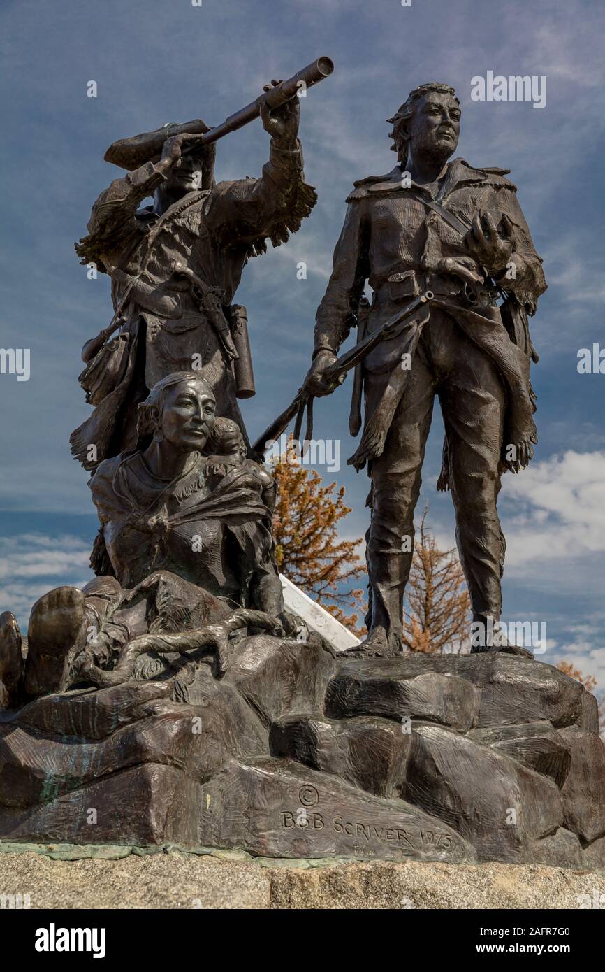 MAY 22, 2019, Fort Benton, Montana, USA - Statue of Lewis Clark and Sacajawea by Bob Scriver 1975 Stock Photo