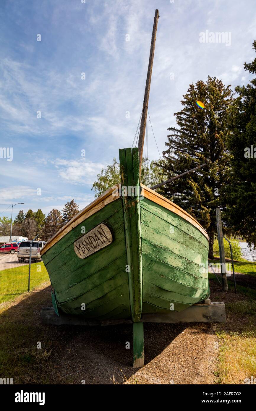 MAY 22, 2019, Fort Benton, Montana, USA - Keel Boat replicat at Historic Fort Benton, Montana,site  Lewis and Clark and the birthplace of Montana - Keel Boat Stock Photo