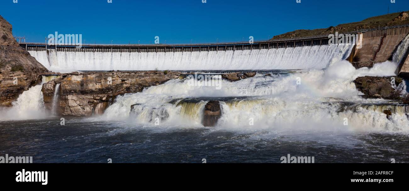 MAY 23, 2019, GREAT FALLS, MT., USA - The Great Falls of the Missouri River in Great Falls and Ryan Dam, Montana and hydroelectric plant Stock Photo