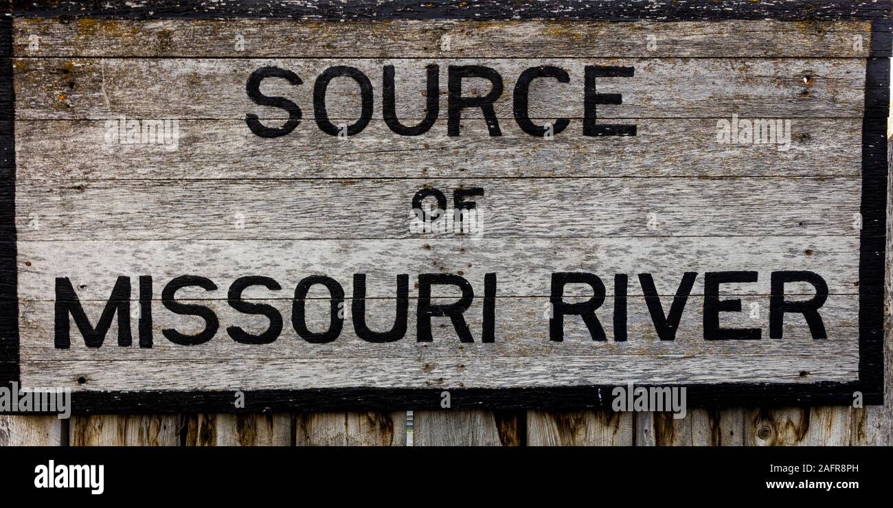 MAY 23, 2019, GREAT FALLS, MONTANA USA -Sign reading 'Source of the Missouri River', Three Forks, Montana Stock Photo