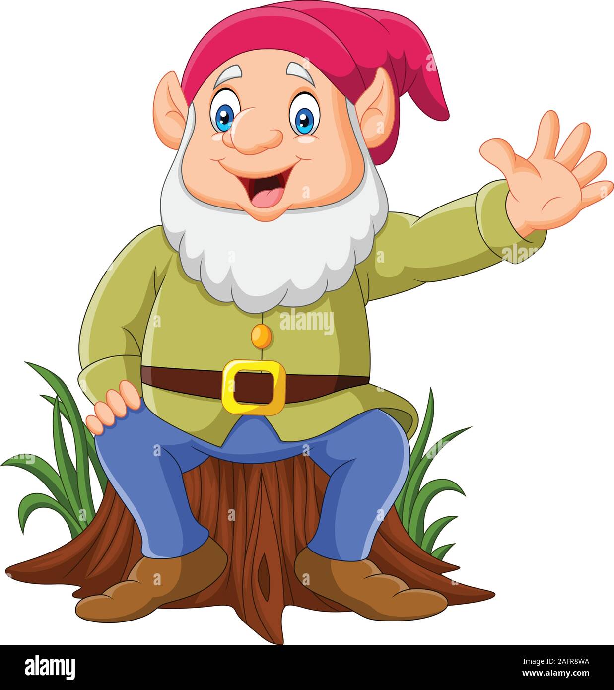 Cartoon happy dwarf sitting on tree stump Stock Vector Image & Art - Alamy