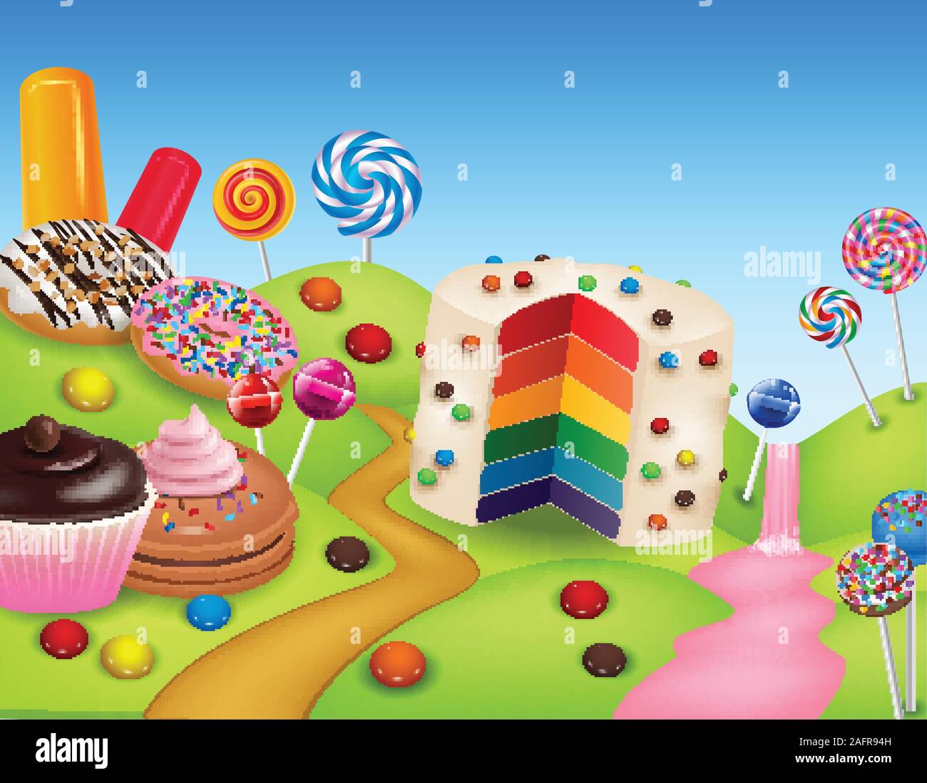 Fantasy candyland with dessrts and sweets Stock Vector