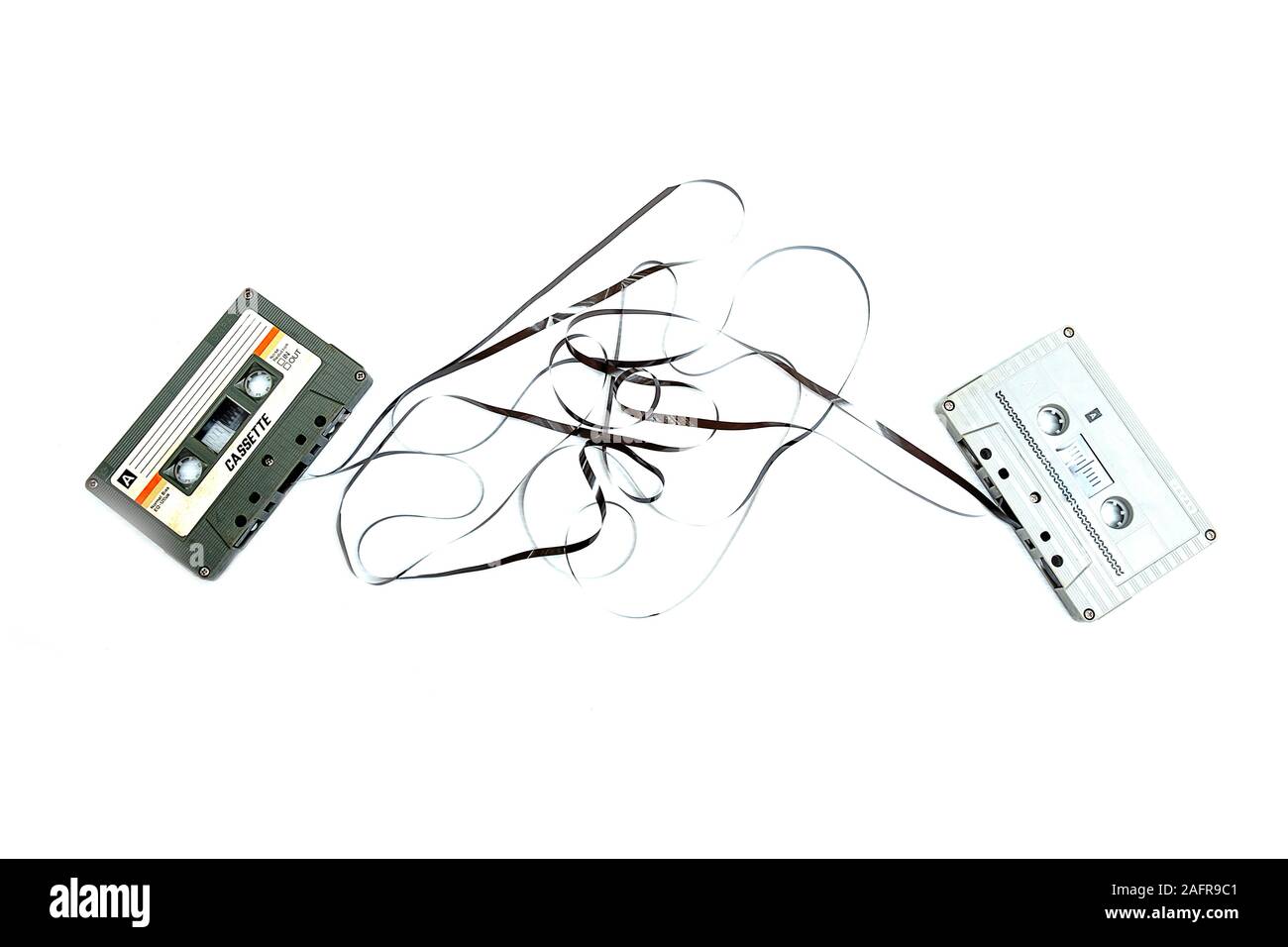 Vintage compact cassette tape on white background, Close up set of old ...
