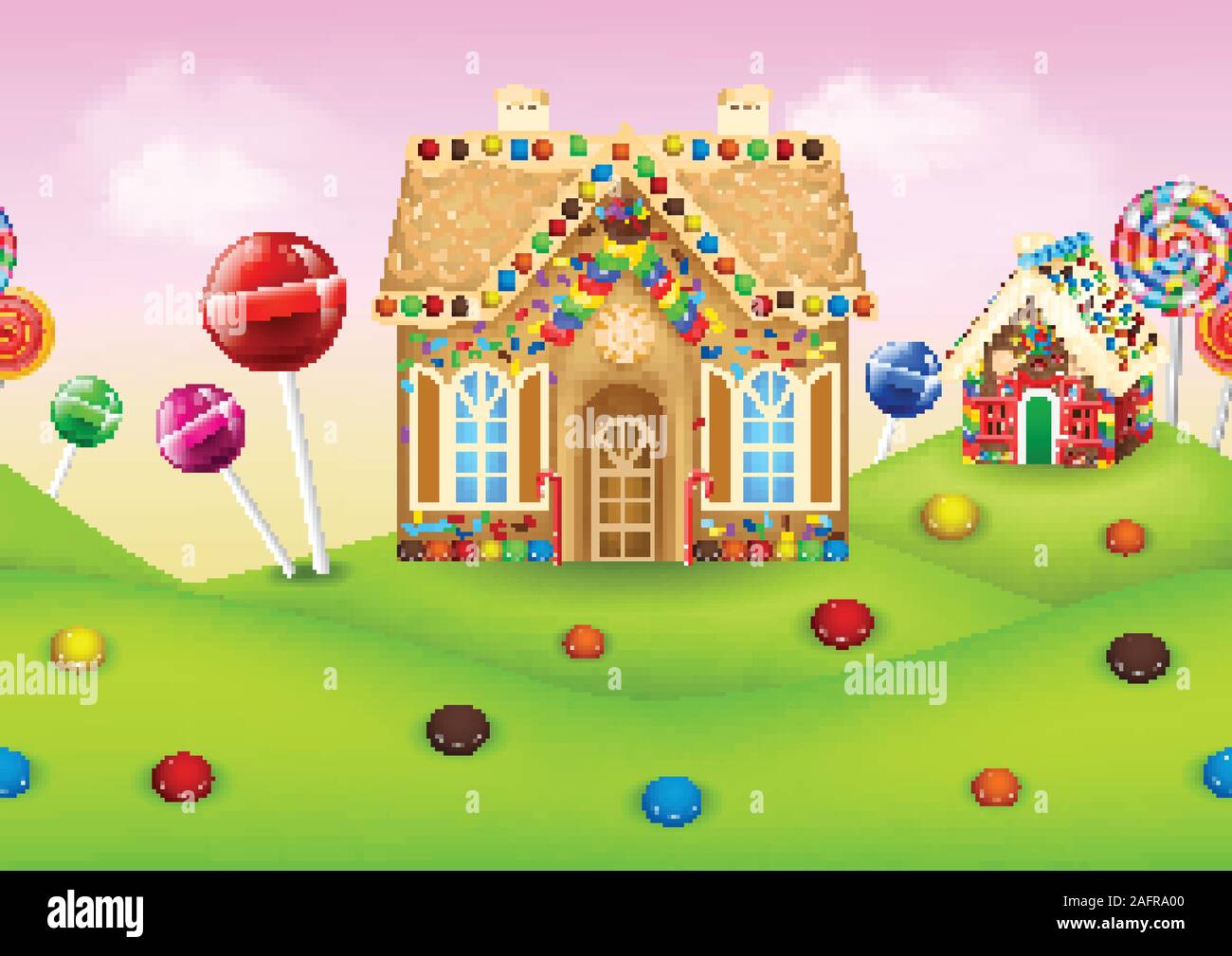 Sweet candyland with gingerbread house Stock Vector