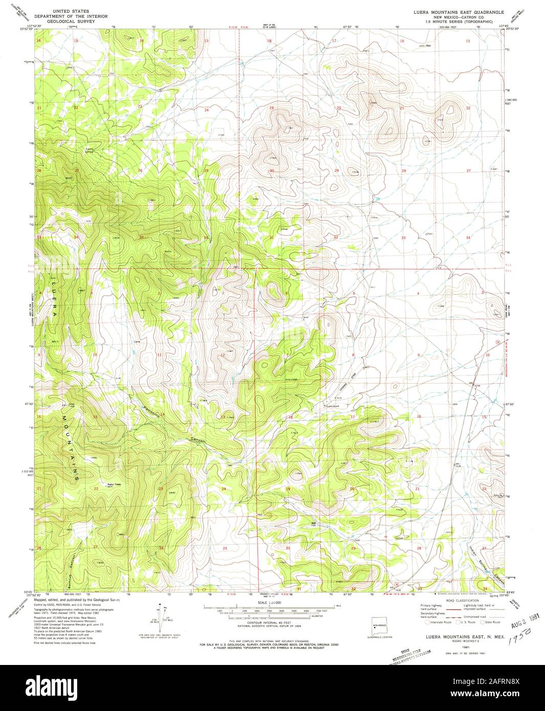 USGS TOPO Map New Mexico NM Luera Mountains East 191382 1981 24000 Restoration Stock Photo