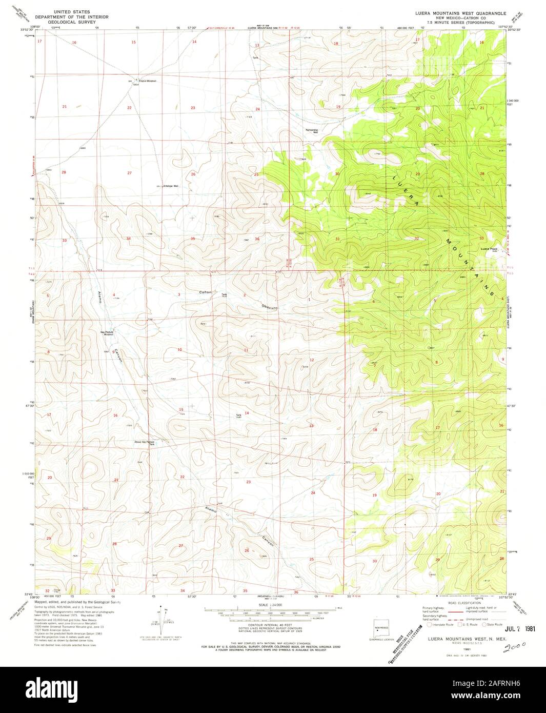 USGS TOPO Map New Mexico NM Luera Mountains West 191384 1981 24000 Restoration Stock Photo