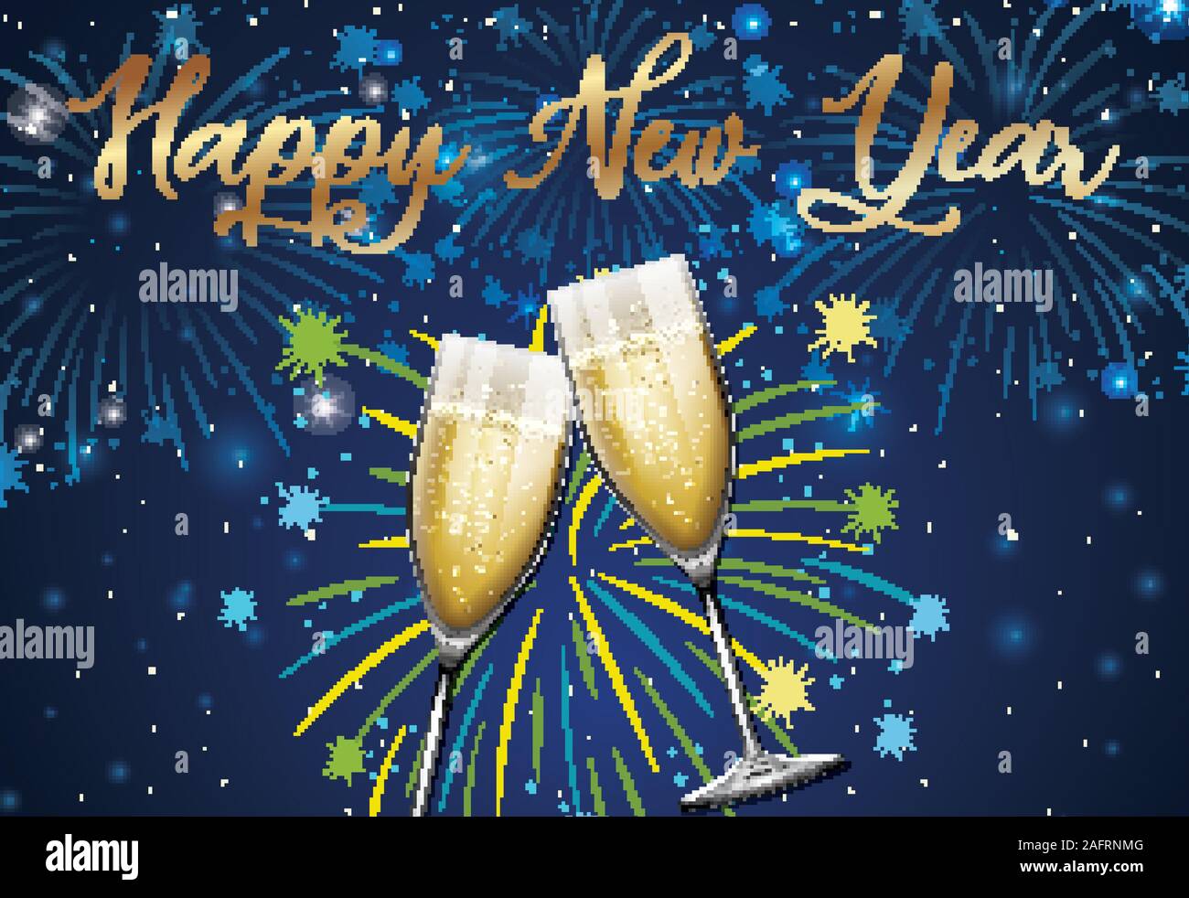 Background with two glasses of champagne and fireworks illustration ...