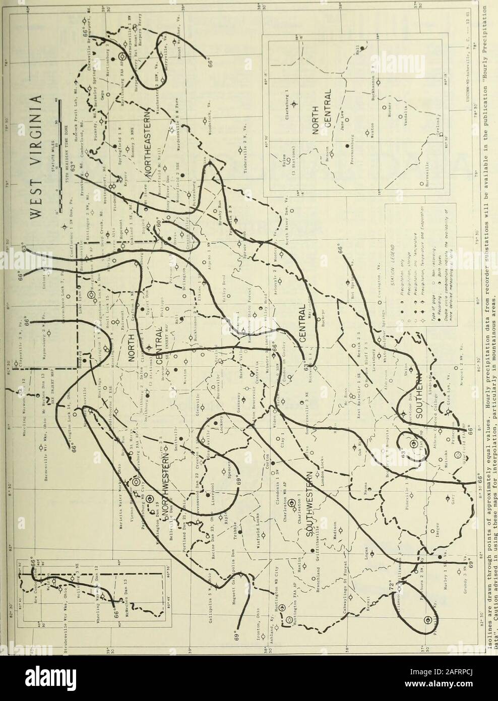 . Climatological data, West Virginia. AVERAGE TEMPERATURE T HAY 1982. STATION INDEX OBSERVATION i U 0 U | Z o &lt; TIME ANDTABLES STATION a COUNTY &lt; a 3 o zo 1-1 OBSERVER i 1 3| ALBRIGHT J09«. HRESTON 2 39 29 7« 3a 1219 7A MONONGAHELA POWER CO. ALDERSON 1102 ?4ONR0E 37 44 80 38 1555 RASSIE L. SIMS ALPENA 1 NW 0143 RANDOLPH 2 38 55 79 40 3020 OMER S. SMITH ARBOvAlE 2 02*9 POCAHONTAS 38 26 79 49 2730 6A MRS. NETTIE R. SHEETS ATHENS CONCORD COLLEGE J355 MERCER 7 37 25 61 01 2600 3P 3P CONCORO COLLEGE BAYARD 0527 GRANT 9 39 16 79 22 2375 5P 7A H HOWARD R. FULK BECKLET v A HOSPITAL 05B0 RALEIGH Stock Photo