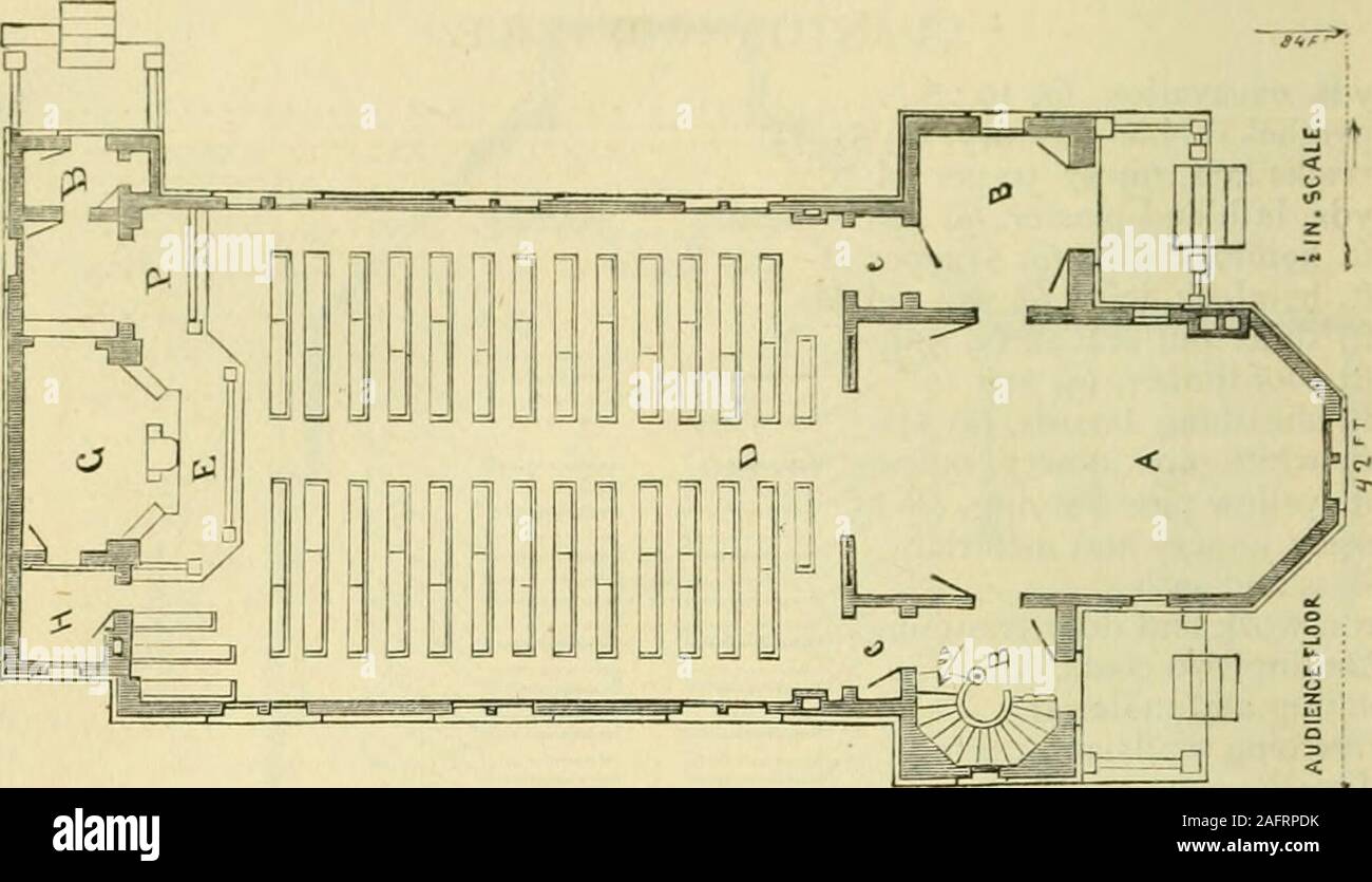. Annual reports of the boards to the General Assembly. 24 OUK DESIGNS.. DESIGN No. 5. The style of this is Italian Gothic, equally suited for wood, brick orstone, with black or green slate roof; uon finials, stained glass windows,set in lead, witl! ash and walnut joinery. The extreme dimensions are 42x84 feet ; bas^ 12x12 ft. A is the lecturei»oom, 18x80 feet, seating 90 persons; B, B, B, vestibules; C, C, alcovesand arches: D, auditorium 83x45, seating 225. F, choii-; G, chancel;H, minister s room. If desired, the choir and organ may be located at the rear of the ros-trum, by extending the c Stock Photo