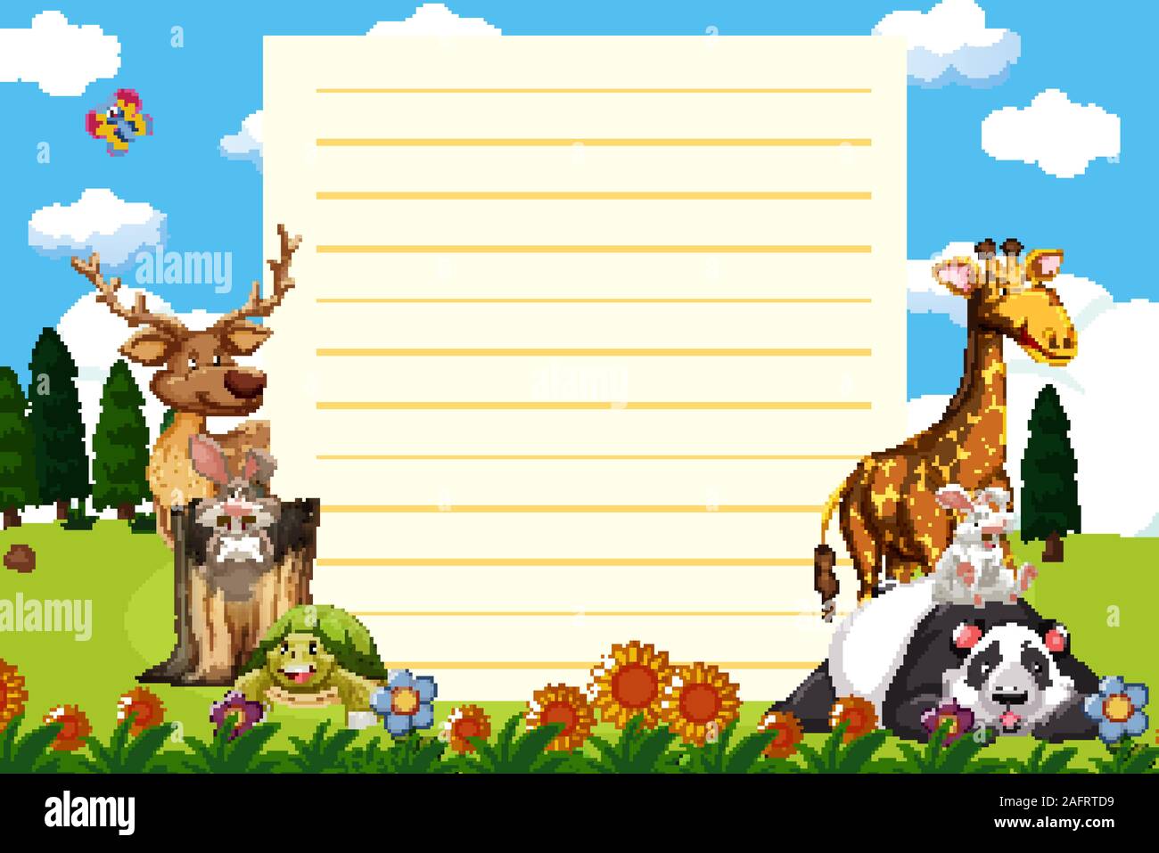Paper template with many animals in garden illustration Stock Vector ...